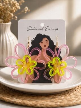 Source Unknown Pink and Neon Yellow Flower Drop Earrings